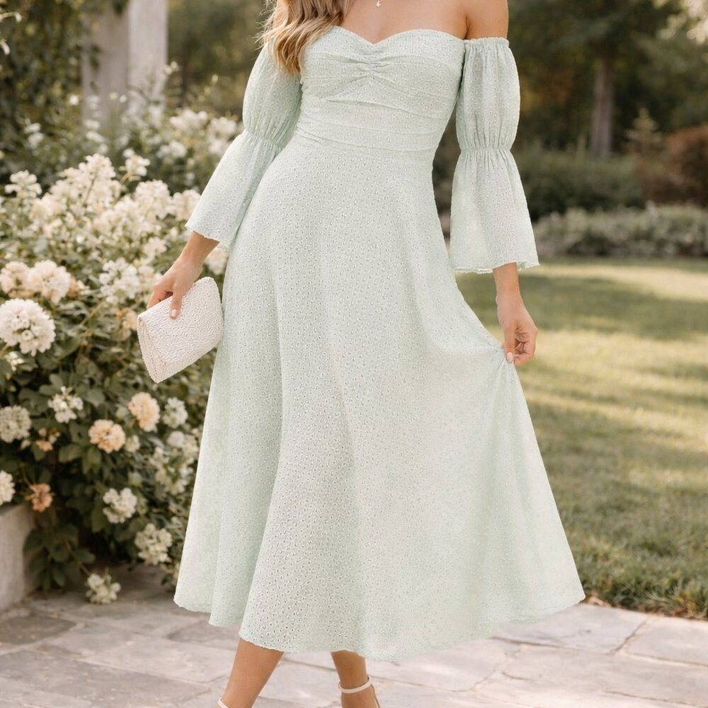Off-Shoulder Mint Green Maxi Dress with Puff Sleeves